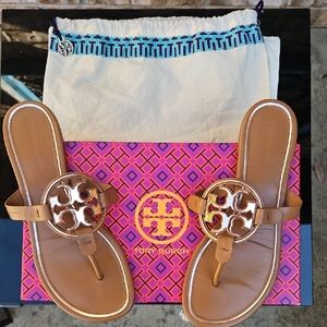 Tory Burch Metal Miller Calf Leather Sandals Sz8 (Tan/Rose Gold)